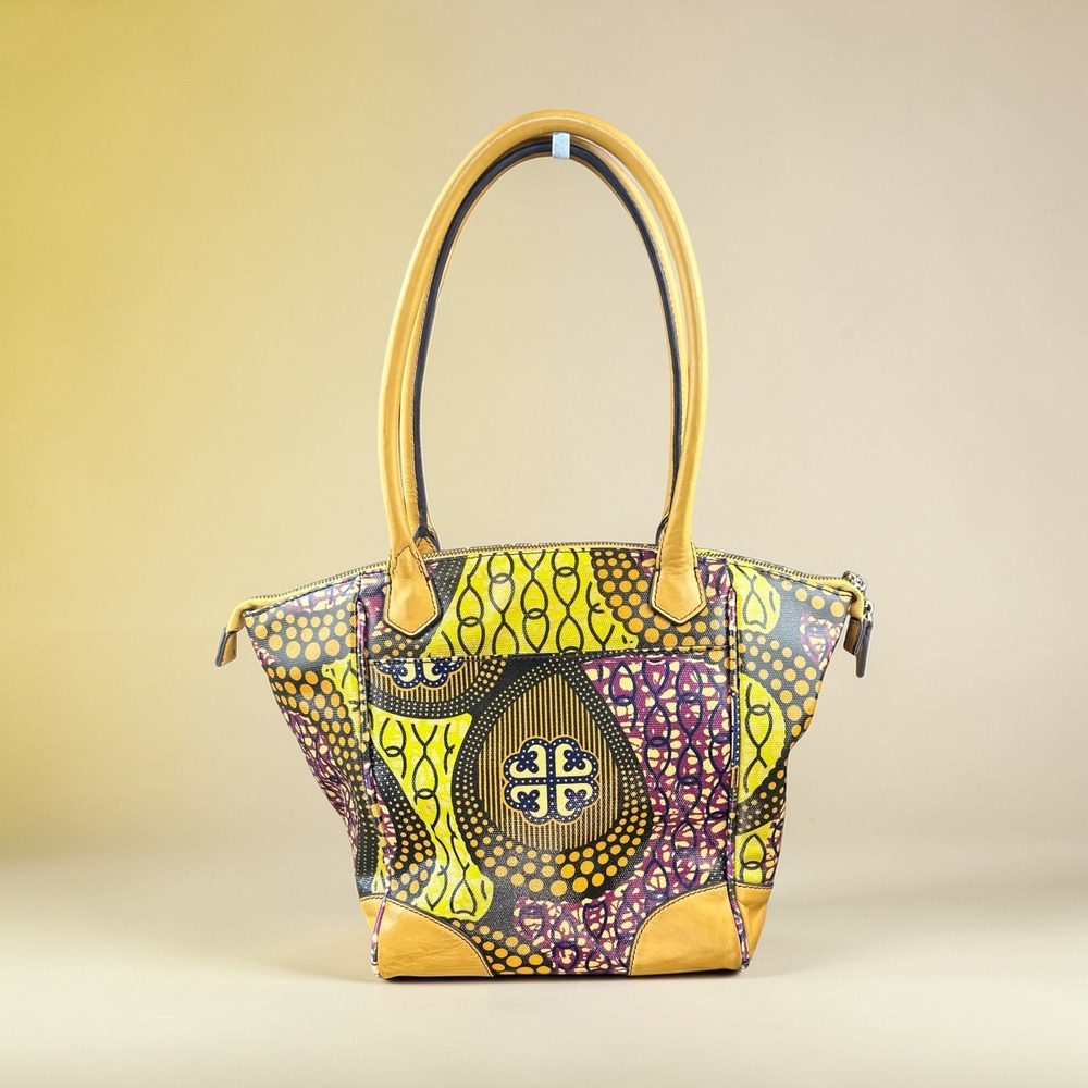 J.McLaughlin shoulder Tote‎ Bag  Yellow Purple Geometric Print Leather Trim